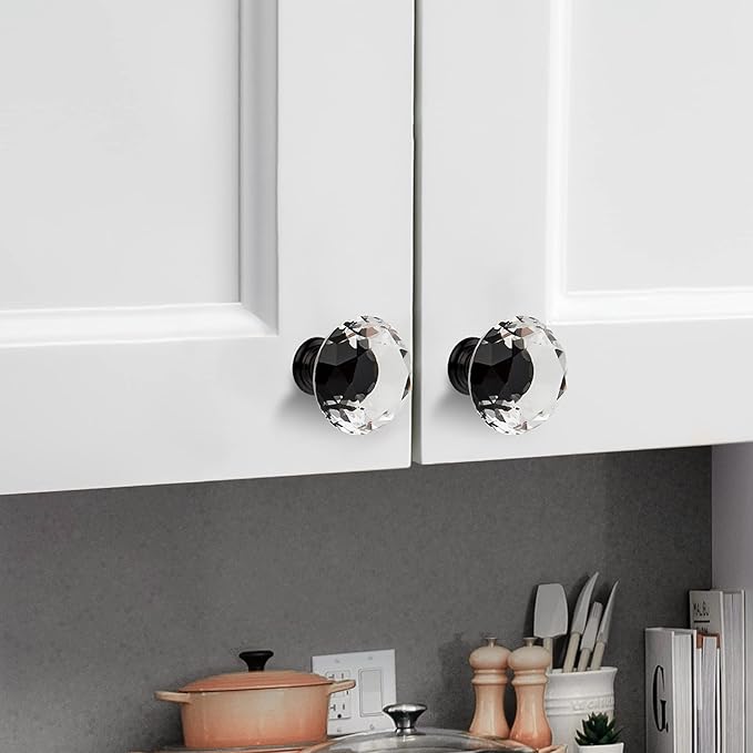 Ravinte 5 Pack Crystal Drawer Knobs - Glass Cabinet Knobs, Diamond Shaped, 30 mm with Black Base
