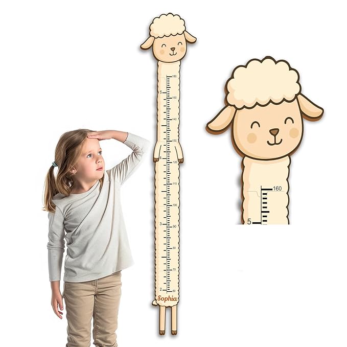 Personalized Growth Chart for Wall, Wooden Height Chart for Kids, Cute Height Measurement for Child/Girls/Boys, Baby and Toddler's Playroom/Kid's Room/Nursery Decor, Sheep