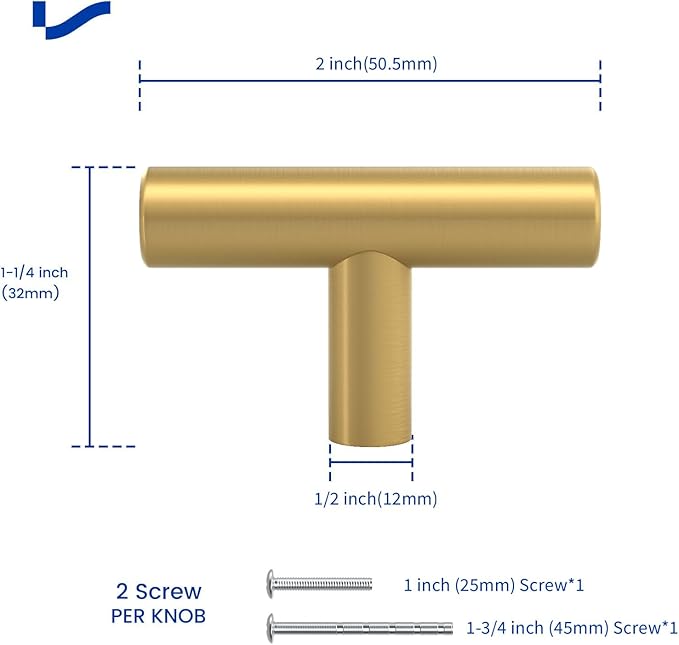 LONTAN 4 Pack Gold Cabinet Knobs Gold Drawer Knobs Brushed Brass Kitchen Cabinet Hardware for Bathroom Cupboard 2in Overall Length,Stainless Steel