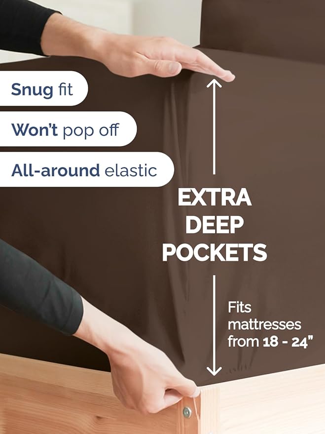 Extra Deep Full Sheet Set - 6 Piece Breathable and Cooling Sheets - Hotel Luxury Bed Sheets Set - Easy & Secure Fit - Soft, Wrinkle Free and Comfy Sheets Set - Brown Sheet Set with Extra Deep Pockets
