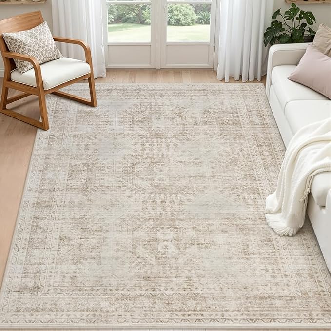 5x7 Area Rugs Living Room: Bedroom Neutral Washable Carpet Brown | Vintage Boho by Luxturiy
