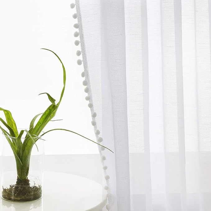Treatmentex Pom-Pom Sheer White Curtains Extra Long 108-inch for Living Room, Slub Linen Textured White Sheer Window Drapes for Bedroom 2 Pack 52" w