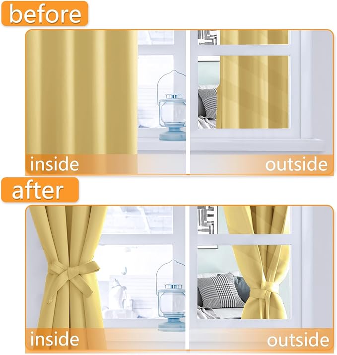Short Blackout Curtains for Bedroom 2 Panel Light Yellow 38x45 Inch | Thermal - Image 4