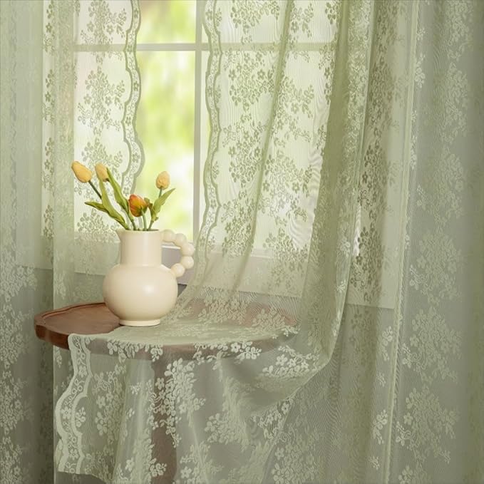 YJ YANJUN Vintage Lace Curtains 72 Inches Long- Floral Pattern Sage Green Sheer by YJYANJUN