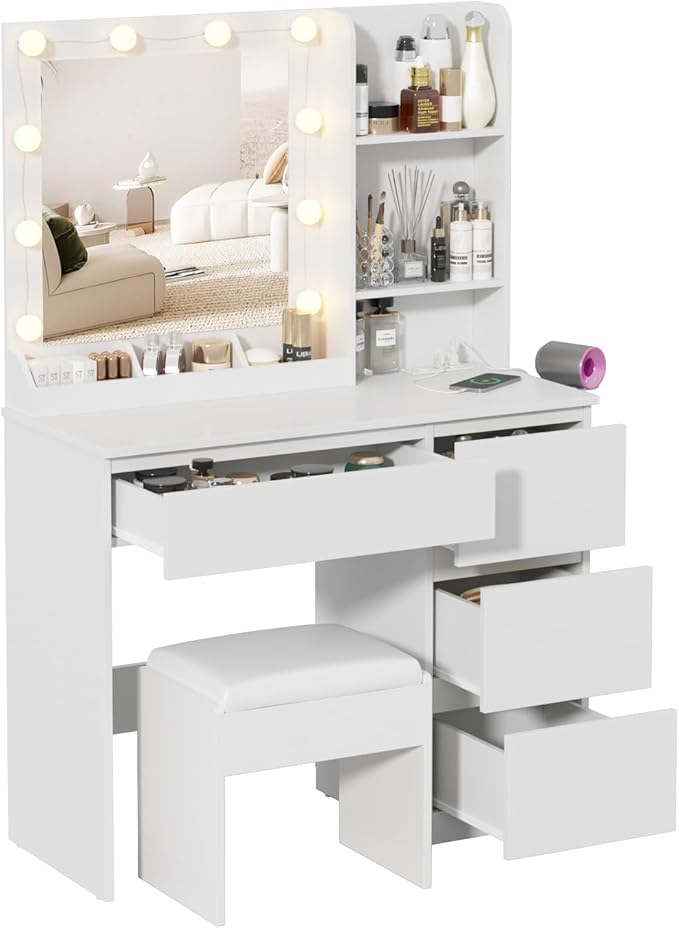 Vabches Vanity, Makeup Vanity Desk Set with Mirror & Light, Dressing Table Storage Lots with Power Strip, 3 Lighting Modes with Adjustable Brightness, 37 Inches (White) (White with Stool)