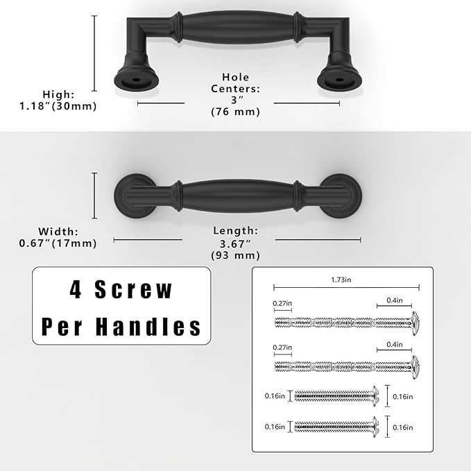 10 Pack Matte Black Cabinet Pulls 3 Inch(76mm) Kitchen Cabinet Handles Solid Zinc Alloy Cabinet Hardware Drawer Pulls