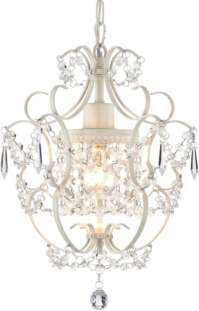 Small Crystal Chandelier for Bedroom, 90% Pre-Assembled 1 Light White Chandelier, Mini Acrylic Crystal Ceiling Light Fixture Charming for Girls Room, Closet, Bathroom, Entryway, Dining Room
