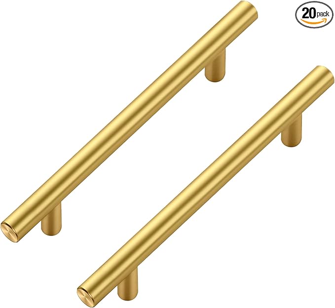 JOY DECOR 20 Pack Cabinet Handles, Gold Cabinet Pulls, 5 in Hole Center Kitchen Cabinet Handles, Stainless Steel T Bar Handles for Dresser Drawers