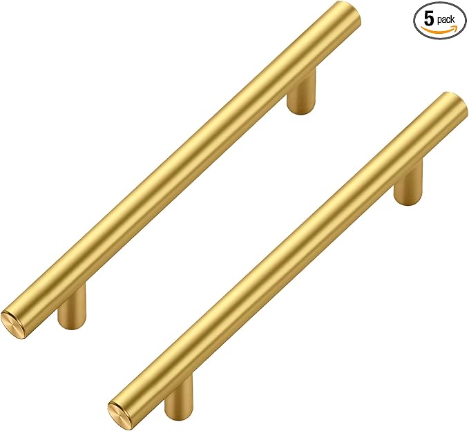 JOY DECOR 5 Pack Cabinet Handles, Gold Cabinet Pulls, 5 in Hole Center Kitchen Cabinet Handles, Stainless Steel T Bar Handles for Dresser Drawers