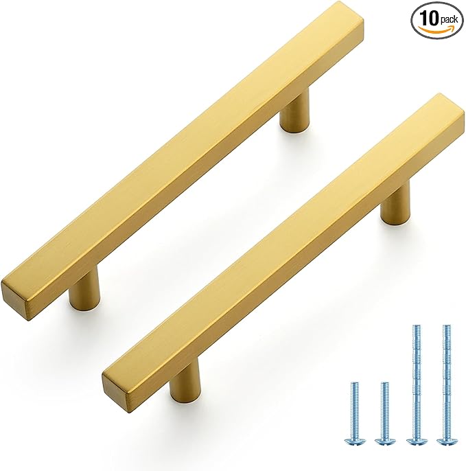 JOY DECOR 10 Pack 3-3/4 Inch Brushed Brass Square Cabinet Handles Stainless Steel Cabinet Hardware Pulls for Kitchen and Drawers with 6 Inch Overall Length