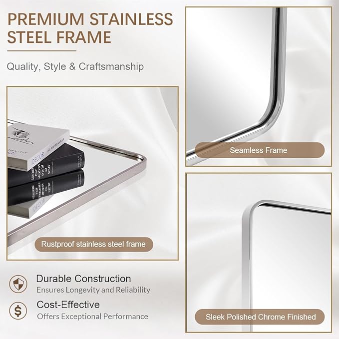 ANDY STAR Chrome Mirrors for Bathroom, 24x40’’ Chrome Rounded Rectangle Mirror Stainless Steel Metal Tube Framed (Anti-Rust), Wall-Mounted Horizontal/Vertical