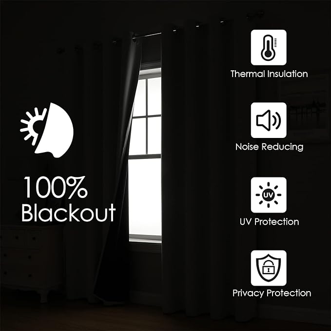 ChrisDowa 100% Blackout Curtains 63 inch Long for Bedroom with Black Liner, 2 Thick Layers Total Blackout Thermal Insulated Grommet Window Curtains 2 Panels Set (Pure White, 38 x 63 Inch)