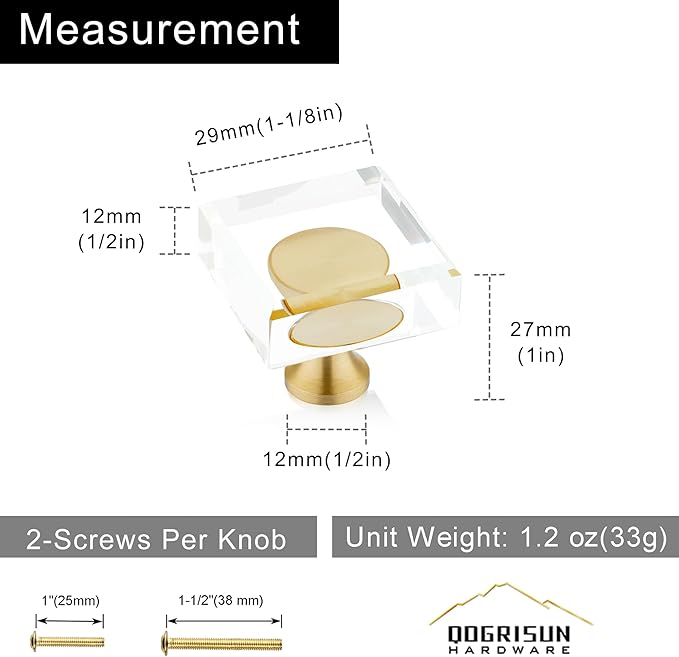 QOGRISUN 10-Pack Brass Crystal Cabinet Knobs,Glass Crystal Gold Drawer Knobs,1-1/8-Inch Square,Decorative Dresser Pulls, Modern Cabinet Hardware