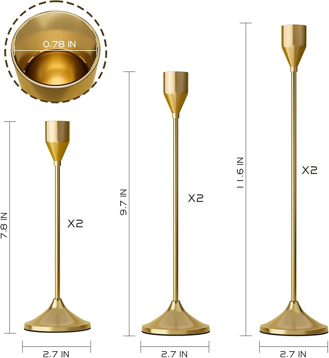 Brass Gold Metal Taper Candle Holder, Vintage Candlestick Holders, Candle Sticks Holder Decor for Wedding Wedding, Dinning, Party, Fits 3/4 inch Thick Candle&Led Candles (Set of 6 Pcs)