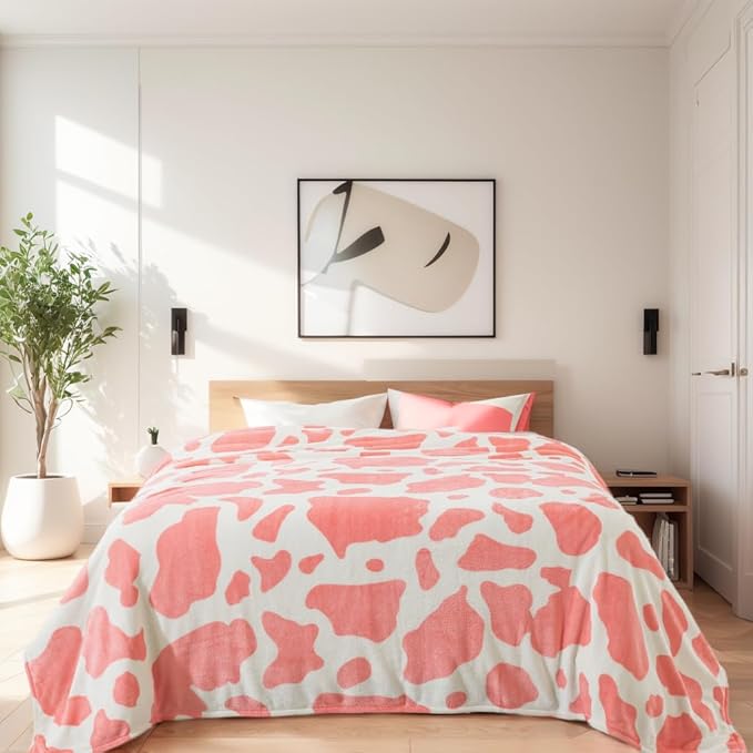 Flannel Pink Cow Print Blanket Twin Size - Premium Lightweight Anti-Static Super Soft Cow Blankets for Twin/Twin XL Extra Long Bed, Winter Warm Cow Print Throw Blanket 66" x 90"(Pink Cow)