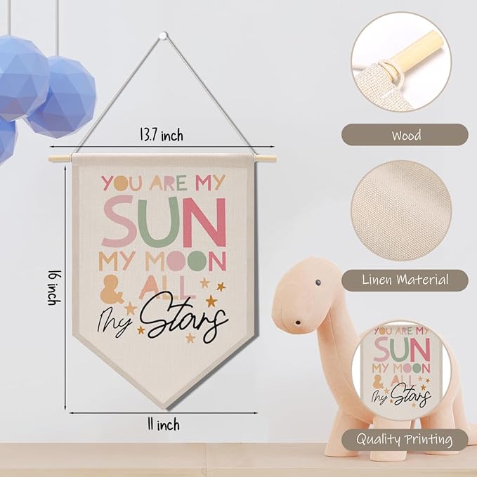Nursery Decor Bedroom Wall Art Decor Motivational Bedroom Playroom Wall Art Decorations, My Sun My Moon and All of My Stars,Canvas Hanging Flag Banner Decor Gift for Girl Boy Room Playroom Front Door