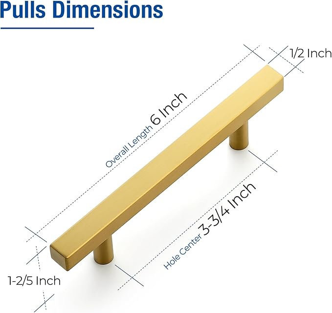 JOY DECOR 10 Pack 3-3/4 Inch Brushed Brass Square Cabinet Handles Stainless Steel Cabinet Hardware Pulls for Kitchen and Drawers with 6 Inch Overall Length