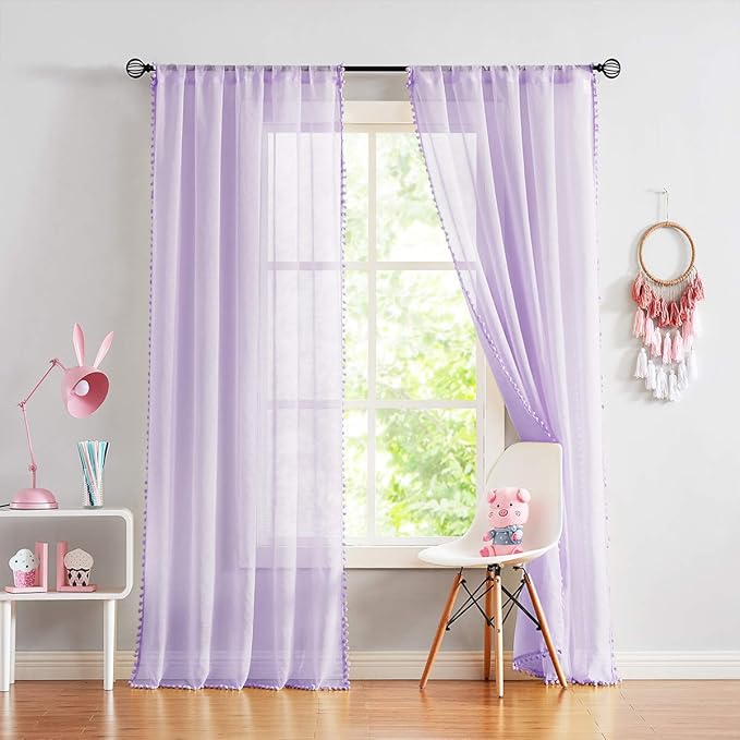 Treatmentex Pompom Sheer Curtains for Living Room 72" Lilac Window Drapes Lavender Voile Curtain for Girls' Room 2panels Rod Pocket