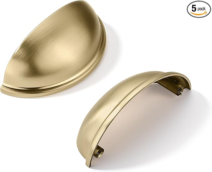 khtumeware 5 Pack 3" Gold Drawer Pulls Brushed Brass Cabinet Cup Pulls Kitchen Hardware Cabinet Handles Drawer Handles Knobs 3 inch Hole Center