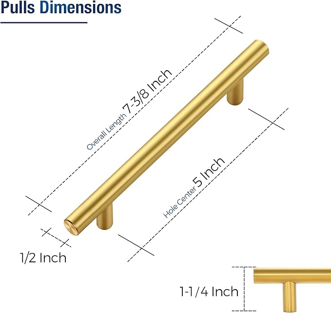 JOY DECOR 45 Pack Cabinet Handles, Gold Cabinet Pulls, 5 in Hole Center Kitchen Cabinet Handles, Stainless Steel T Bar Handles for Dresser Drawers