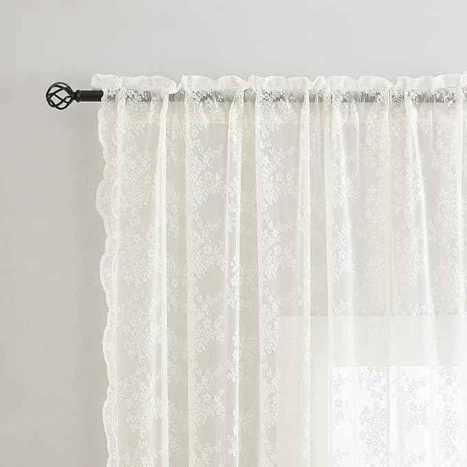 YJ YANJUN Vintage Lace Curtains 94 Inches Long- Antique Flowers Ivory Sheer - Image 2