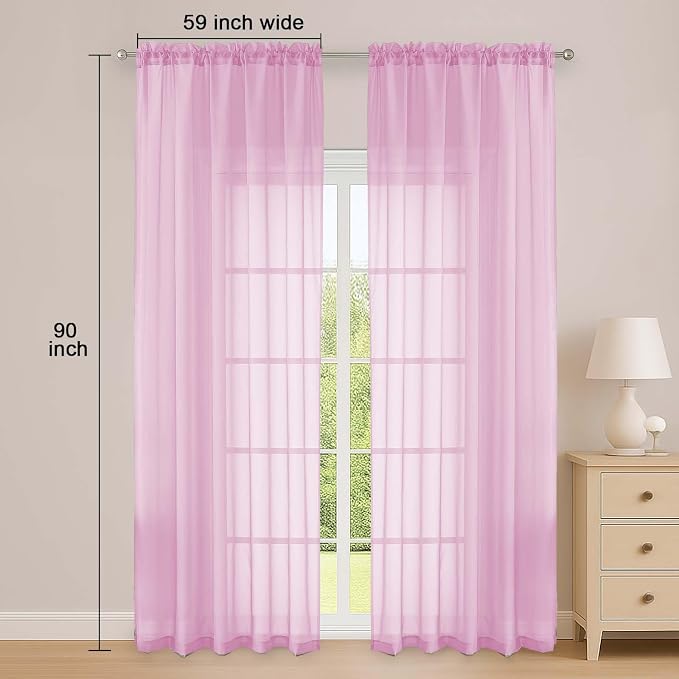 Pink Sheer Curtain 90 Inches Long 2 Panels Set, Solid Filmy Drapes - Image 2