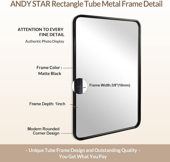 ANDY STAR 48X36 Inch Black Bathroom Mirror, Matte Black Vanity Mirrors for Wall, Rounded Rectangle Mirror for Bathroom, Seamless Tube Metal Frame, 1’’ Deep Wall Mounted Vertical/Horizontal