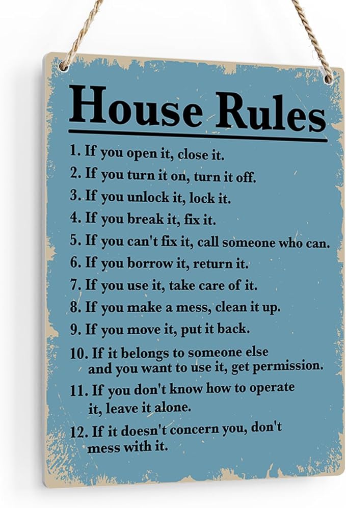 House Rules Wooden Hanging Sign, Farmhouse Living Room Home Decor Wall Art, Inspirational Family Quote, 8 x 10 Inches