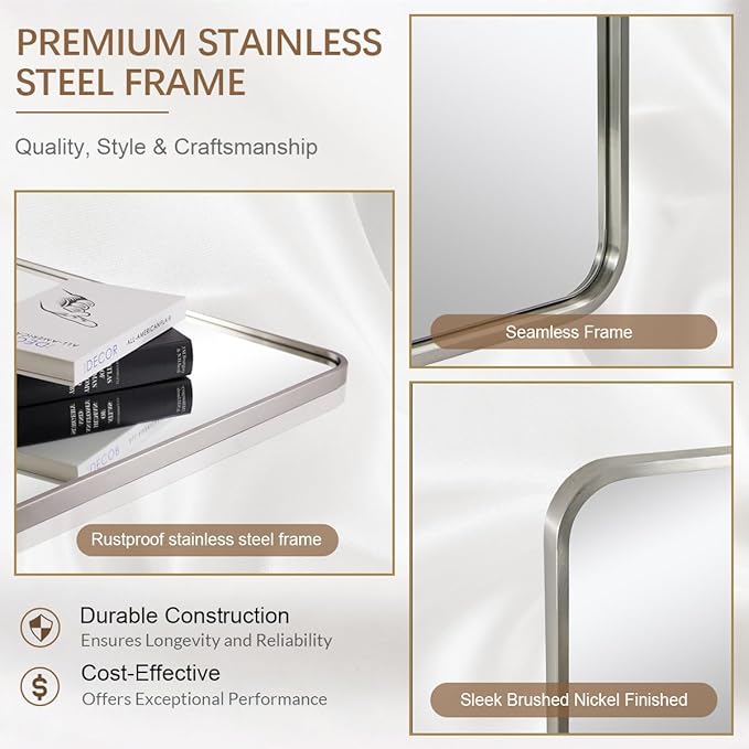 ANDY STAR 30x48 Inch Brushed Nickel Bathroom Mirror, Rounded Corner Brushed Silver Mirror, SUS304-Anti-Rust Metal Tube Frame Wall Mounted Horizontal/Vertical 1’’ Deep