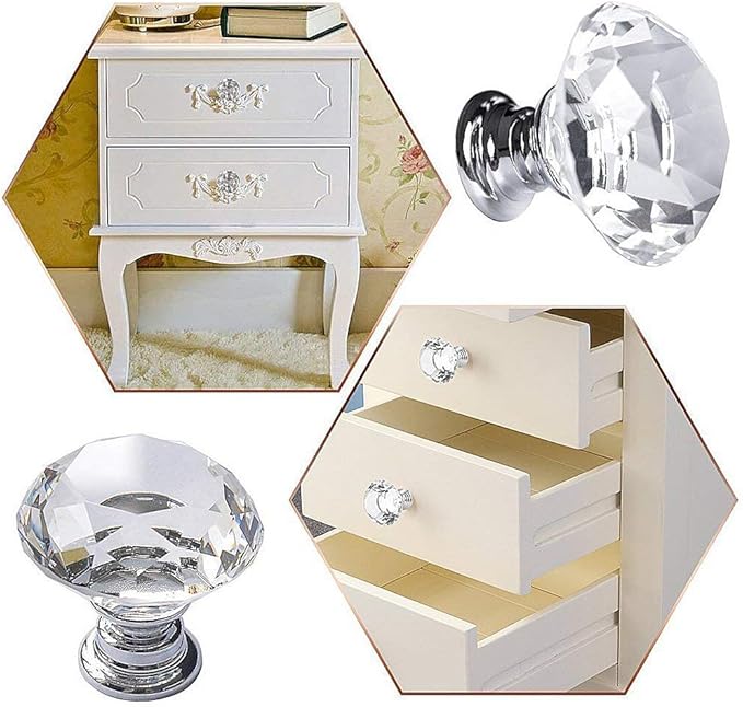 10 Pcs White Clear Crystal Glass Cabinet Knobs 30mm Diamond Shape Drawer Kitchen Cabinets Dresser Cupboard Wardrobe Pulls Handles
