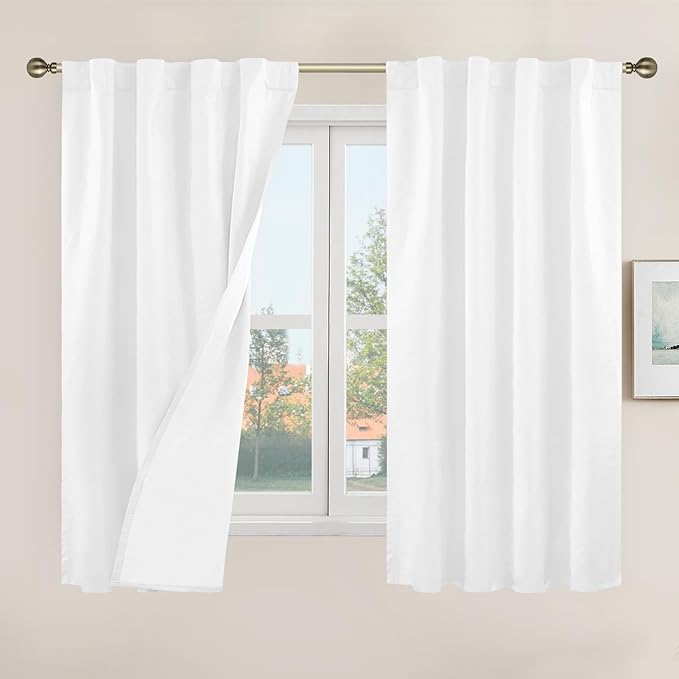 100% Blackout White Linen Curtains 48 Inches Long by LAMIT