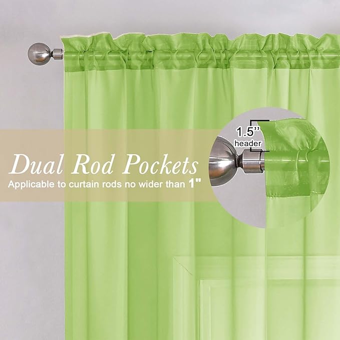 Lime Sheer Curtains 96 Inches Long 2 Panels, Dual Rod Pockets Living Room Decor - Image 5