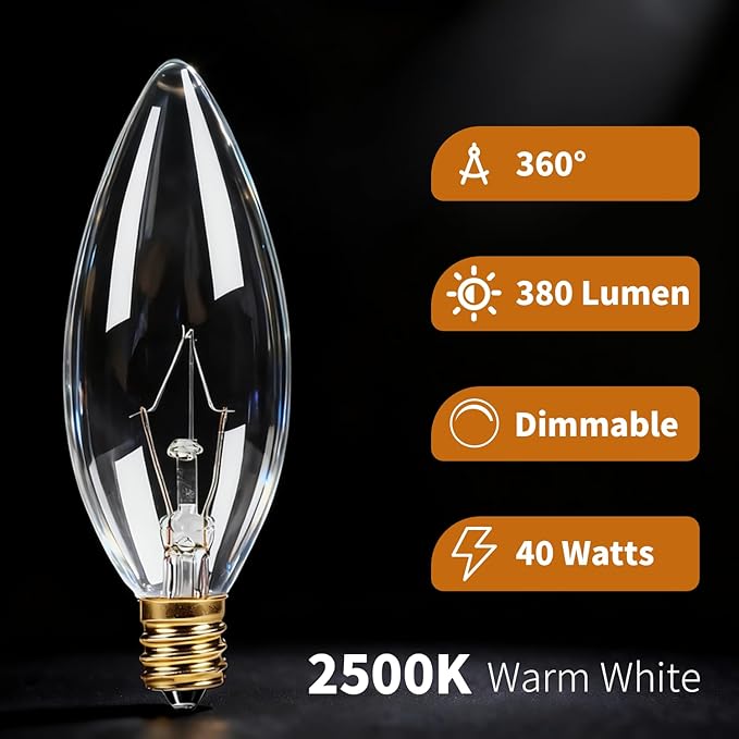 12-Pack E12 Candelabra Light Bulbs 40W, Dimmable Warm White 2500K Chandelier Light Bulbs for Ceiling Fan or Pendants, B10 Clear Candle Bulbs (Gold Base)