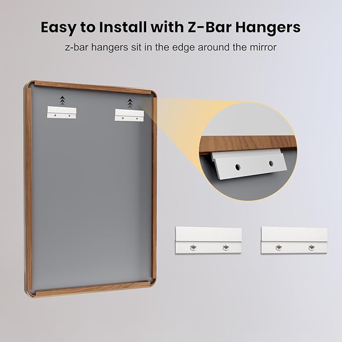 LOAAO 24X36 Inch Bathroom Mirror with Wood Grain Colored Metal Frame, Rounded Rectangle Metal Framed Bathroom Mirror, Anti-Rust, Hangs Horizontally or Vertically