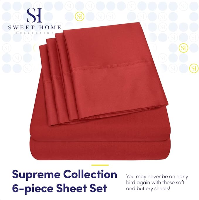 Full Size Bed Sheets - 6 Piece 1500 Supreme Collection Fine Brushed Microfiber Deep Pocket Full Sheet Set Bedding - 2 Extra Pillow Cases, Great Value, Full, Samba Red