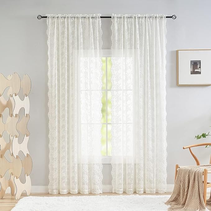 YJ YANJUN Vintage Lace Curtains 108 inches Long 2 Panels Set French Country by YJYANJUN
