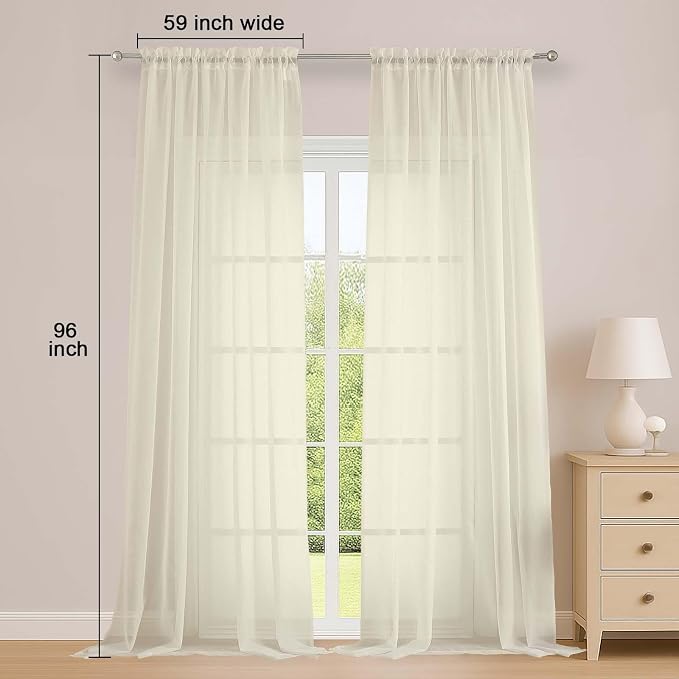Extra Long Cream Sheer Curtains 96 Inches Long 2 Panels Set, Soft Lightweight - Image 2