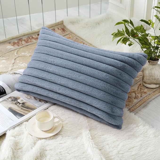 decorUhome Fall Faux Fur Throw Pillow Covers 12x20 Set of 2 Grey Blue | - Image 4