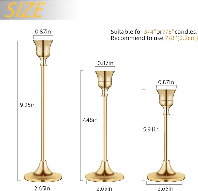 Vintage Gold Brass Taper Candle Holders for Candlesticks, Fireplace & Party - Set of 3