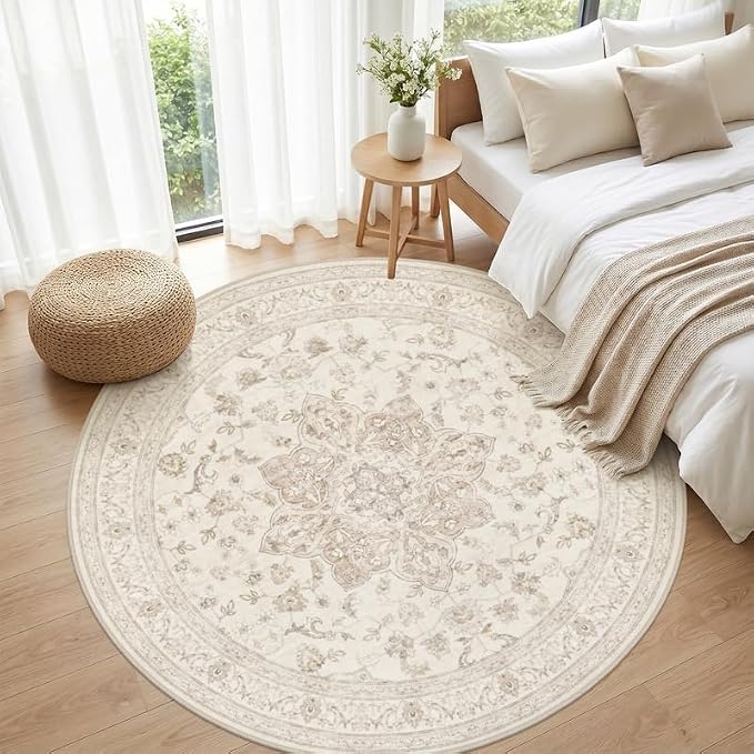Round Area Rug Living Room: 6ft Washable Carpet Beige White | Vintage Boho - Image 4