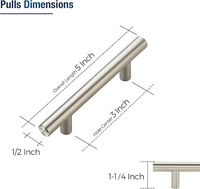 JOY DECOR 5 Pack Cabinet Handles, Brushed Nickel Cabinet Pulls, 3 in Hole Center Kitchen Cabinet Handles, Stainless Steel T Bar Handles for Dresser Drawers