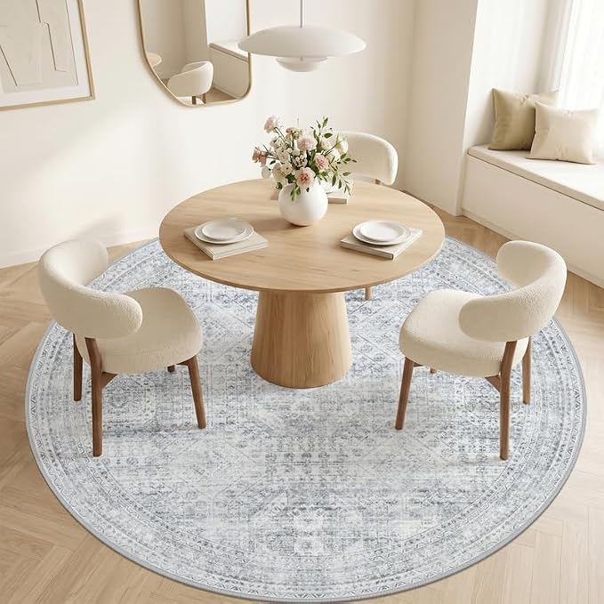Round Area Rug Living Room: 8ft Neutral Washable Carpet Rug Gray | Vintage Boho - Image 2