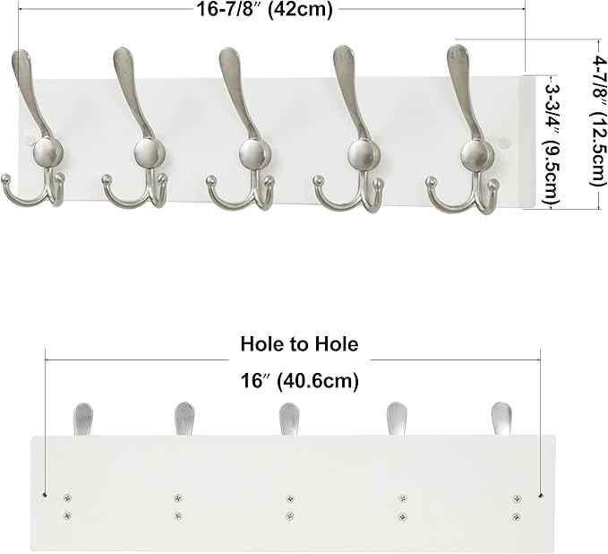SKOLOO Creations White Solid Wood Wall Mounted Coat Rack, 5 Hooks, 17" Long - Kitchen, Mudroom, Entryway, Bathroom - Includes Mounting Hardware, Wall Coat Hanger, Towel Rack, Pack of 2