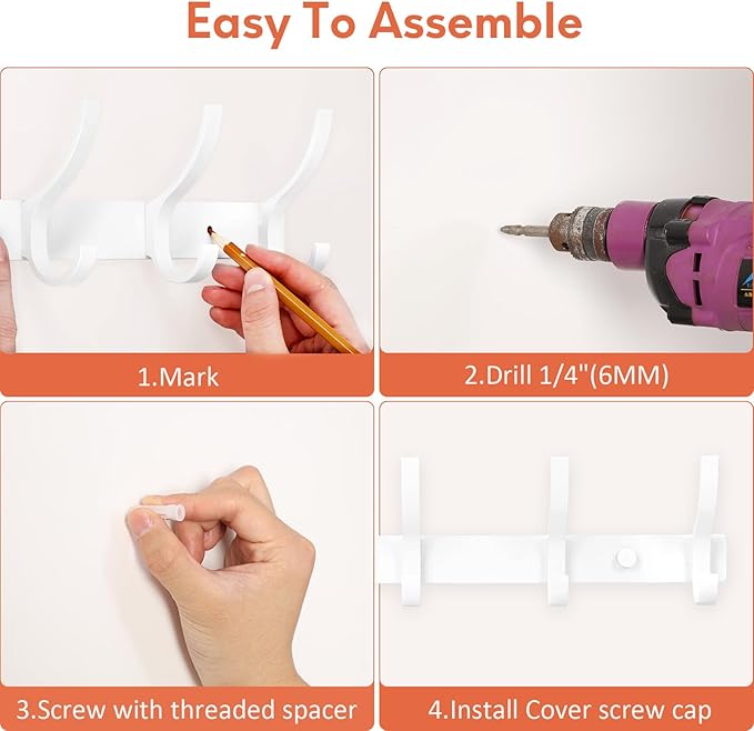 Coat Rack Wall Mount, Coat Hook Wall Mount, Wall Hooks for Hanging, Hat Rack for Walls, Coats Hanger with 10 Hook, Towel Hooks for Bathrooms (1 Pack, White)