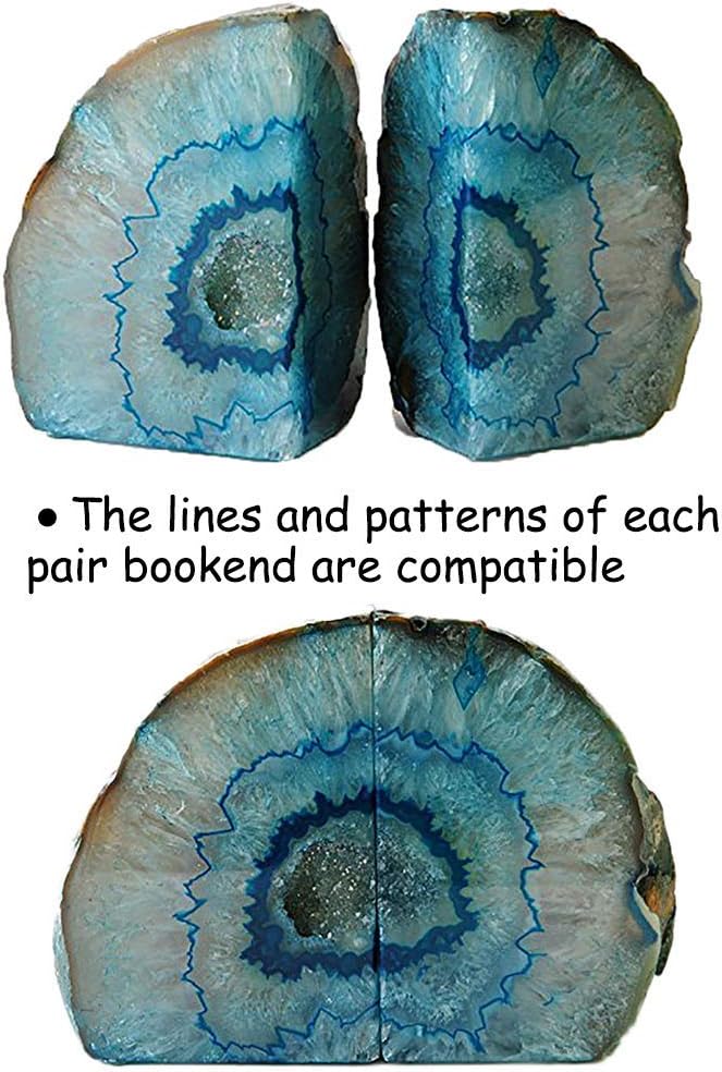 AMOYSTONE Bookends Agate Decorative Book Ends for Shelves Heavy Duty Crystal Stone Bookends Dyed Teal with Rubber Bumpers 1 Pair, 3-4 LBS
