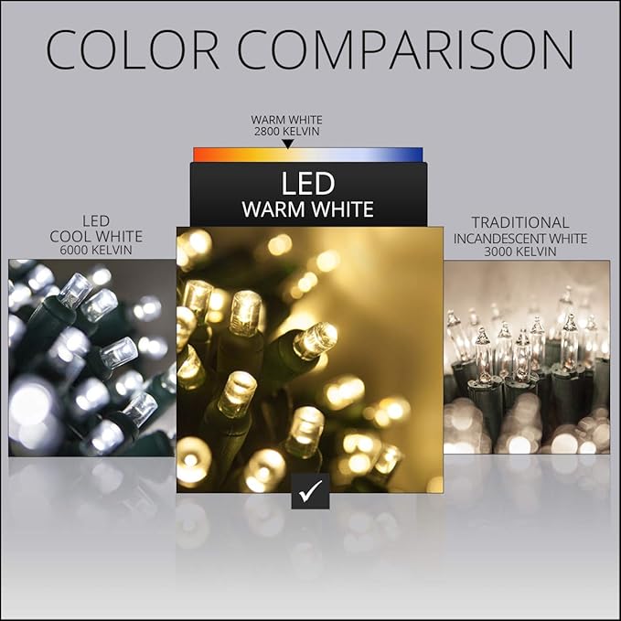 5mm LED Wide Angle Warm White Prelamped Light Set, Green Wire - 70 5mm Warm White LED Christmas Lights, 4" Spacing