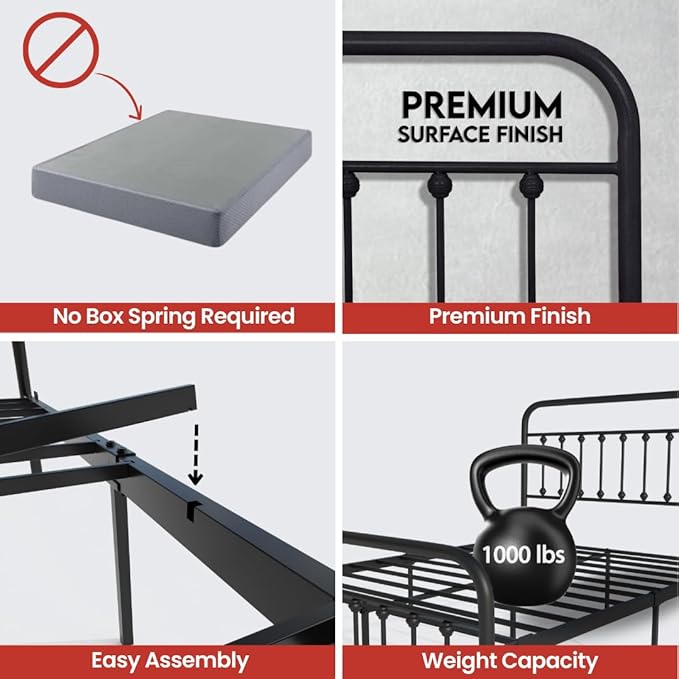 Golden Gate Beds Vintage Style Metal Bed Frame with Wrought Iron Headboard and Footboard, Classic Platform Bedframe with Storage, No Box Spring Needed, Mattress Foundation, Black, Queen Size