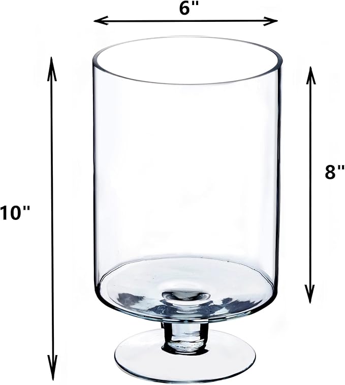CYS EXCEL Glass Hurricane Pillar Candle Holder (H:10" W:6") | Multiple Size Choices Short Stem Candle Centerpieces | Stemmed Glass Cylinder Candle Vase