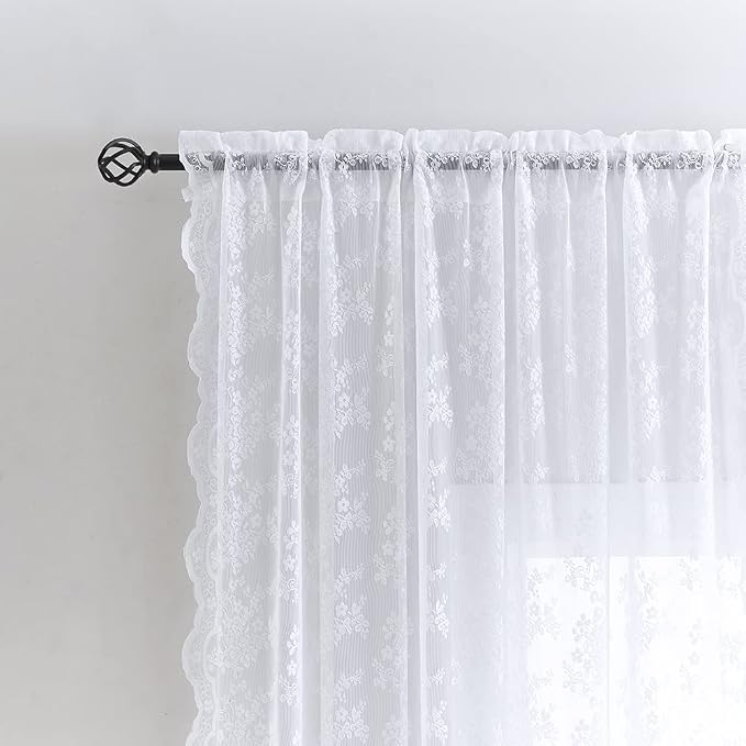 YJ YANJUN Vintage Lace Curtains 63 Inches Length- Elegance Floral White Sheer - Image 3