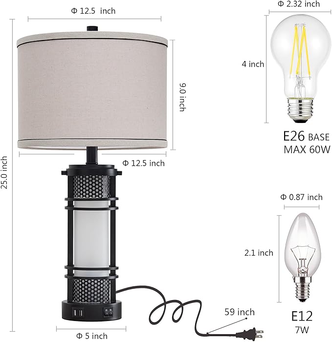 Set of 2 Modern Table Lamps for Living Room, Contemporary Nightstand Lamp with Dual USB Port, Bedside Lamps with White Frosted Glass Night Light for Bedroom, 4 Bulbs Included (Black)